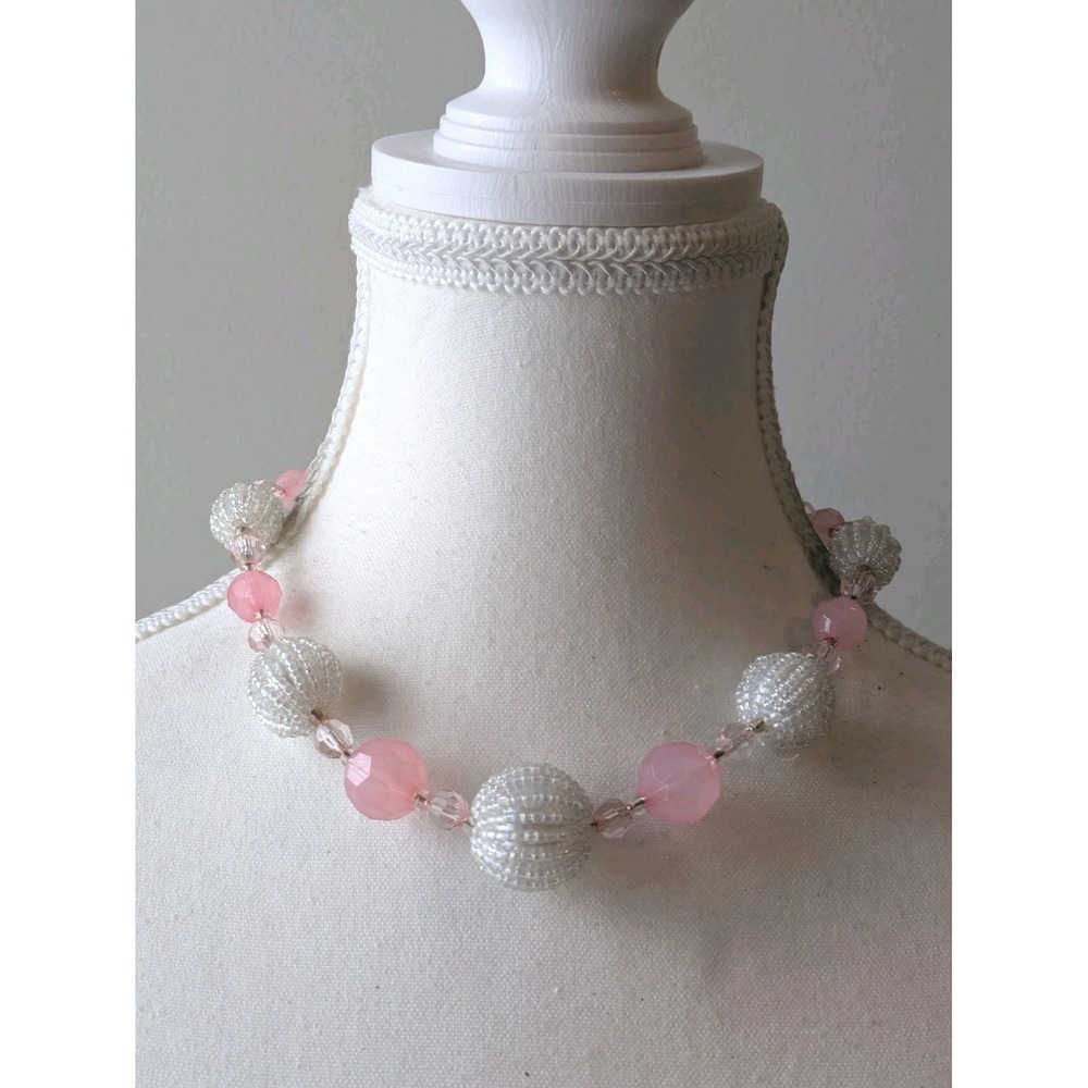 Romantic Collar Beaded Necklace In White & Baby Pink Pastel Whimsical